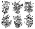 Vector set of 6 bouquets of wild flowers and plants